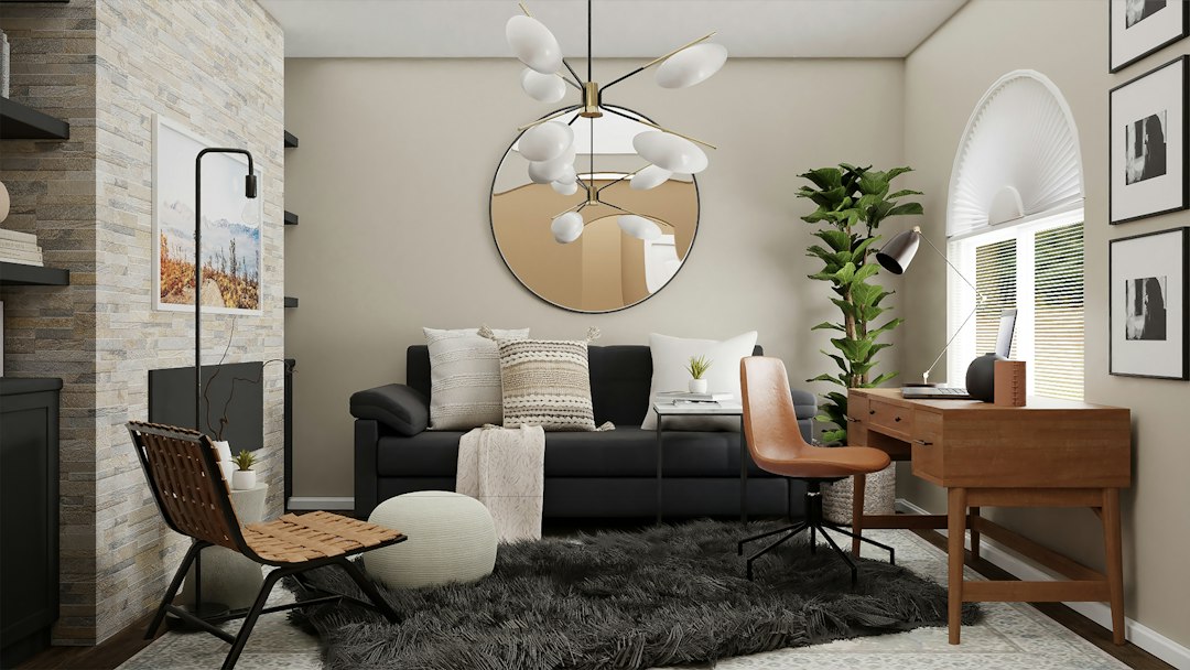 Cozy living room scene showing senior dog care at home with ramps, soft bedding, and raised bowls